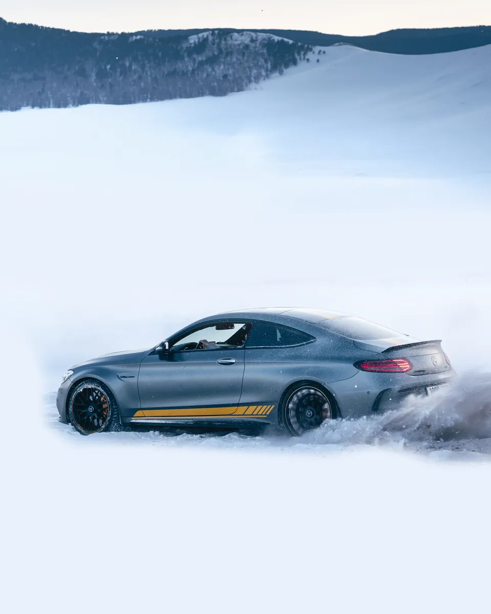 Mercedes-AMG coupe in the Mongolian winter